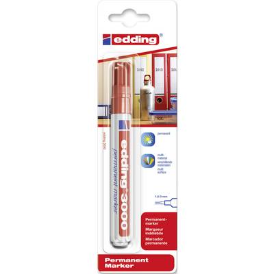 Marqueur permanent Edding 3000 en rouge, adapté à de nombreuses surfaces. L'emballage présente des exemples d'utilisation et les caractéristiques du produit.