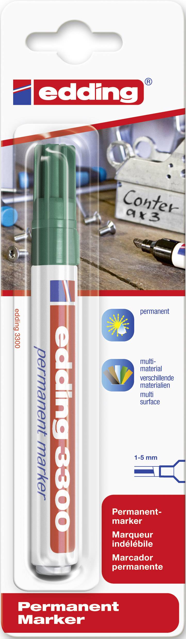 Marqueur permanent Edding 3300 vert dans son emballage. Adapté au papier, carton et verre. Largeur de trait 1-5 mm.