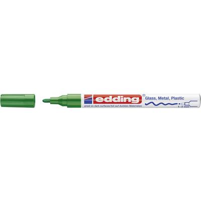 Marqueur permanent vert de la marque 'edding', adapté au verre, au métal et au plastique, avec une épaisseur de trait de 1-2 mm.