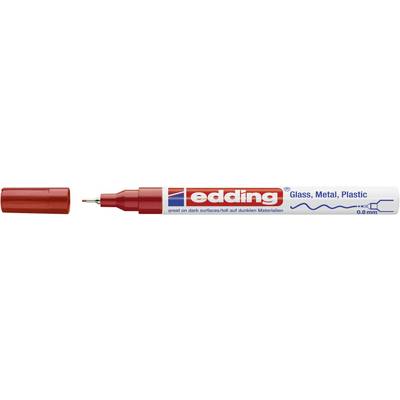 Stylo rouge portant l'inscription 'edding'. Adapté pour le verre, le métal, le plastique. Pointe 0,8 mm.