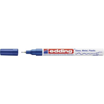 Un marqueur bleu avec le capuchon retiré. Inscription : 'edding', adapté pour le verre, le métal, le plastique, largeur de trait : 0,8 mm.
