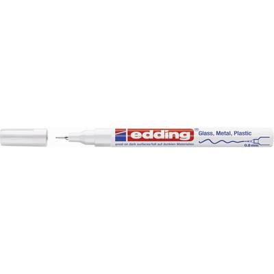 Un marqueur blanc edding avec un capuchon bleu et une étiquette rouge. Adapté pour le verre, le métal, le plastique. Pointe : 0,8 mm.