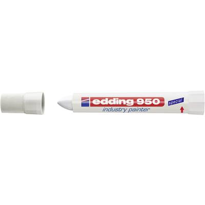 Un marqueur 'edding 950 industry painter' blanc avec un logo rouge et une inscription bleue est posé à côté de son capuchon retiré.