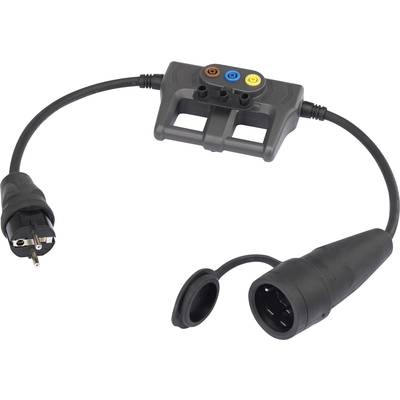 Un câble adaptateur avec une fiche Schuko d'un côté et une entrée CEE de l'autre, adapté pour le camping ou l'industrie.