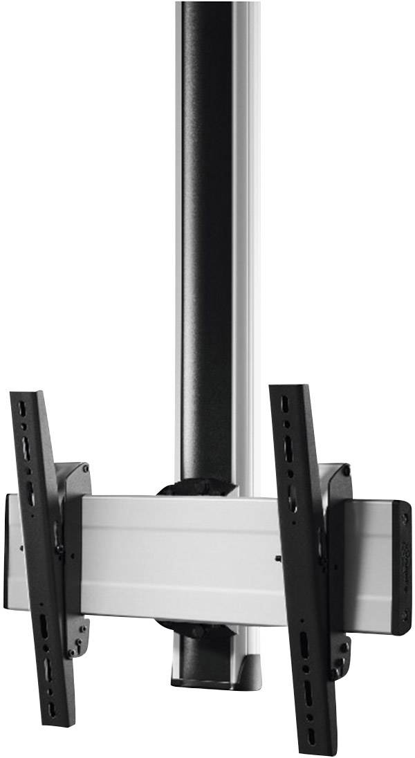 Support de plafond métallique pour téléviseur avec bras ajustables, adapté à différentes tailles d'écran, fixé sur une tige verticale.