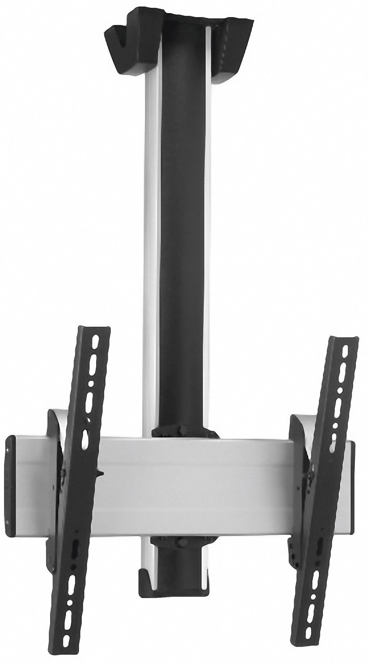 Support de plafond pour téléviseur, orientable et inclinable, design noir et argenté, adapté à différentes tailles d'écran.