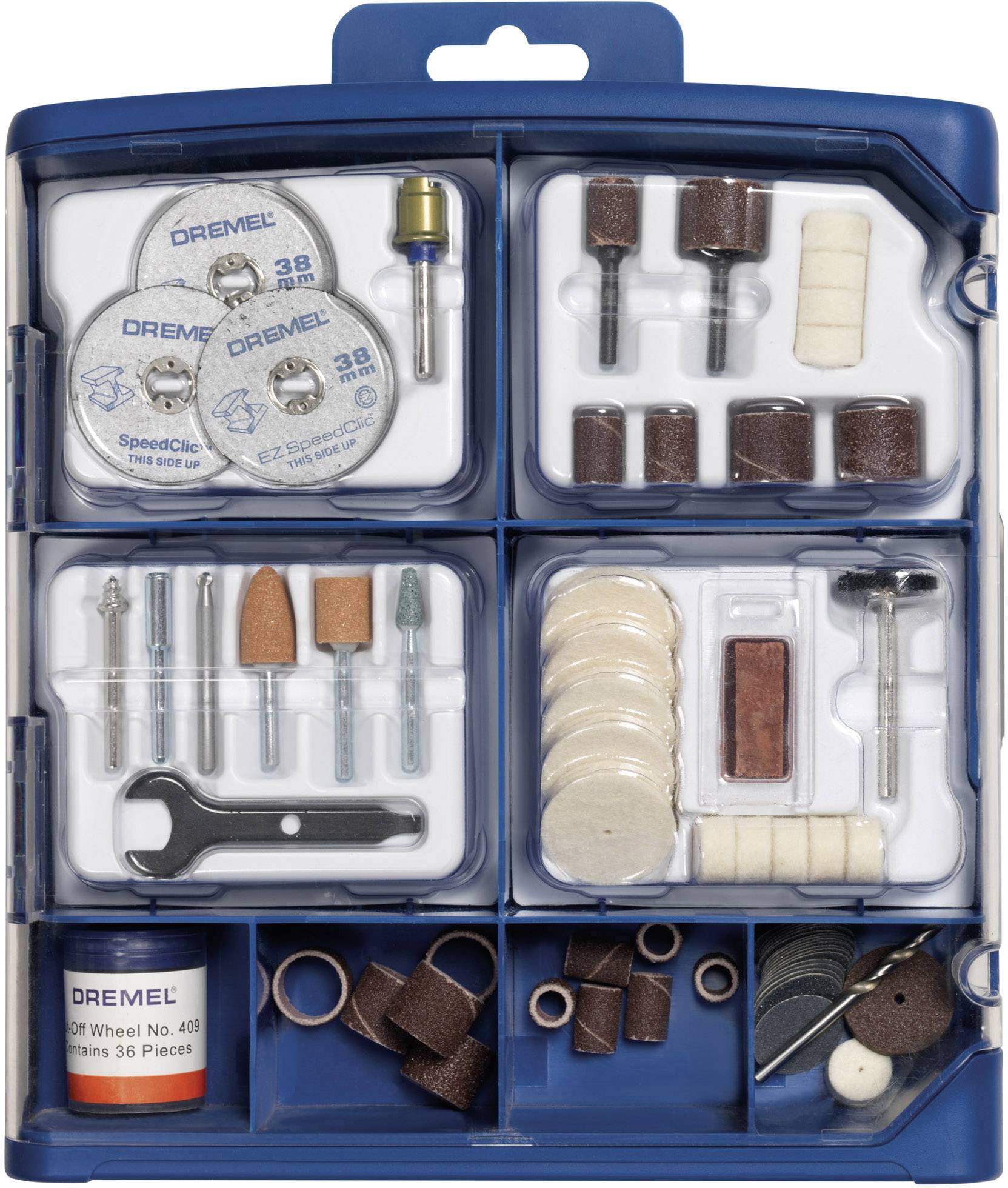 Une trousse à outils avec accessoires Dremel, comprenant des disques à meuler, des embouts de polissage, des forets et des petits outils.