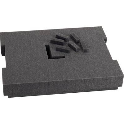 Bloc en mousse gris foncé avec des insertions rectangulaires amovibles, conçu pour le rangement sécurisé ou l'emballage d'objets.