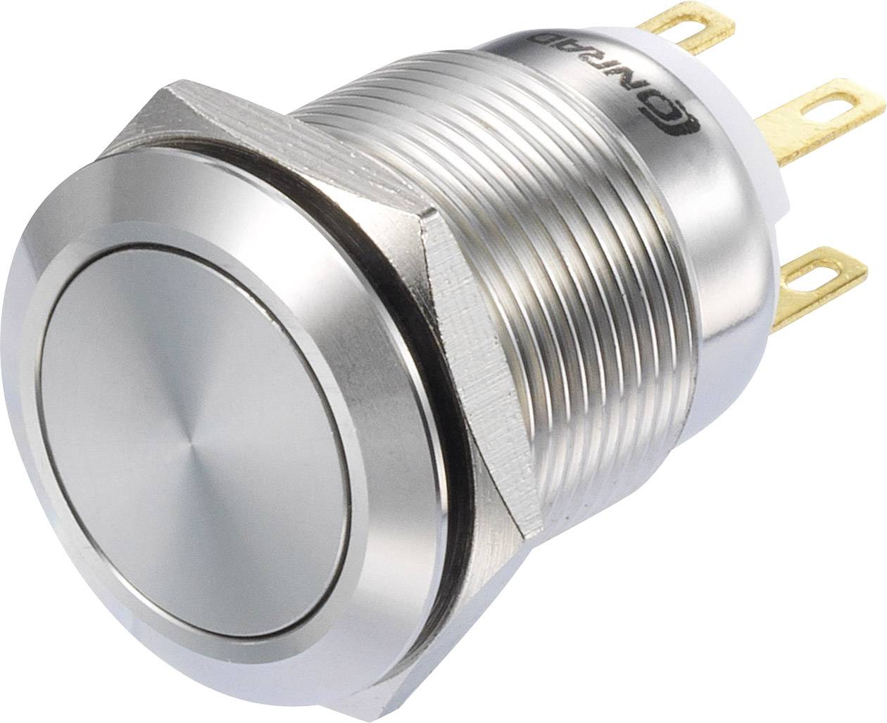 Un bouton-poussoir rond en argent avec trois connexions dorées. Adapté pour des applications électroniques.