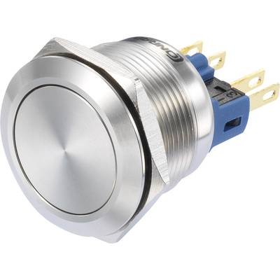 Interrupteur métallique avec socle en plastique bleu et trois contacts dorés, adapté à diverses applications électroniques.