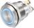 Un interrupteur à bouton-poussoir métallique avec anneau LED bleu, de forme cylindrique, adapté aux applications industrielles.
