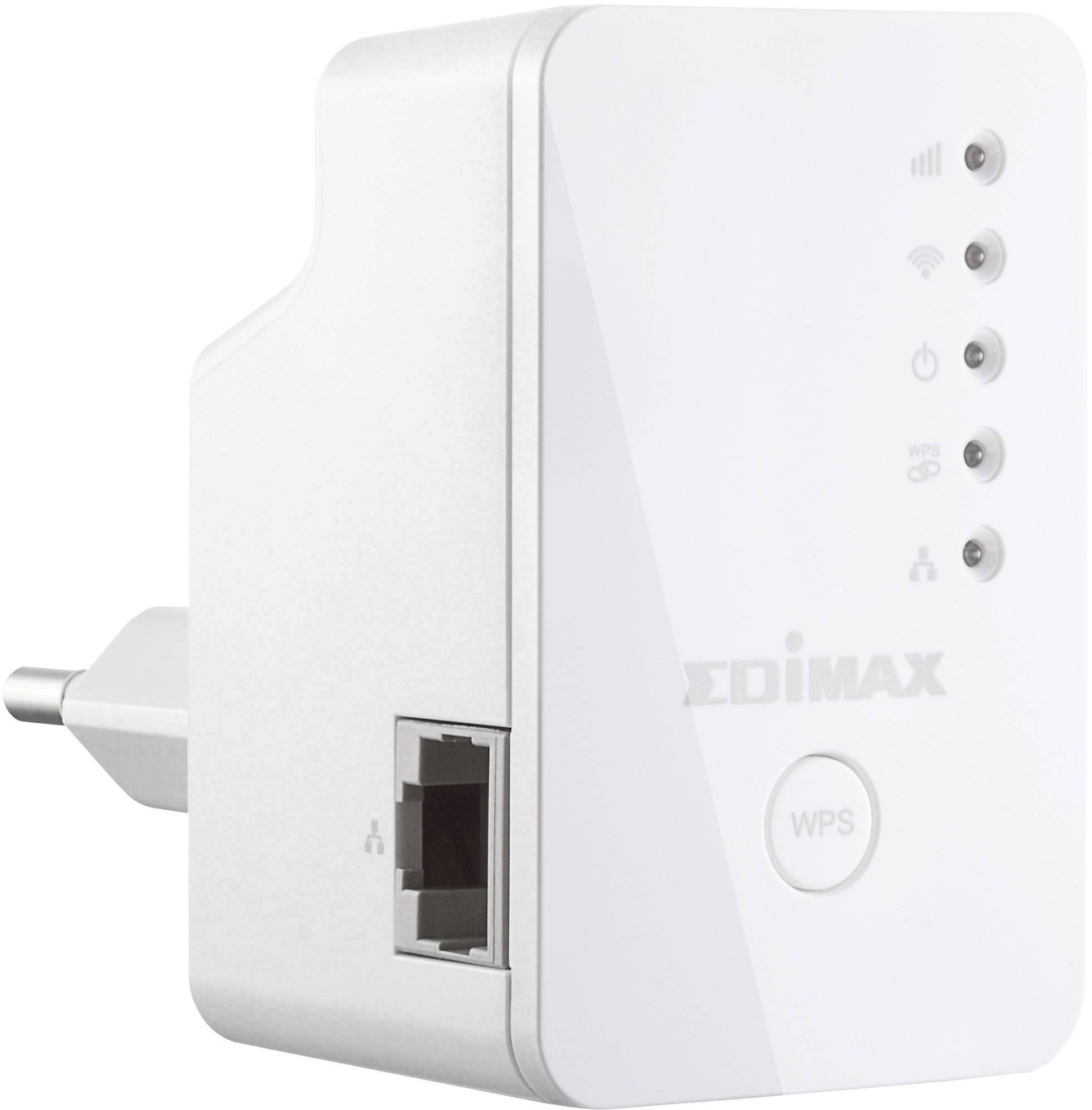 Répéteur Wi-Fi blanc avec bouton WPS, port Ethernet et voyants LED indiquant la force du signal et la connectivité.