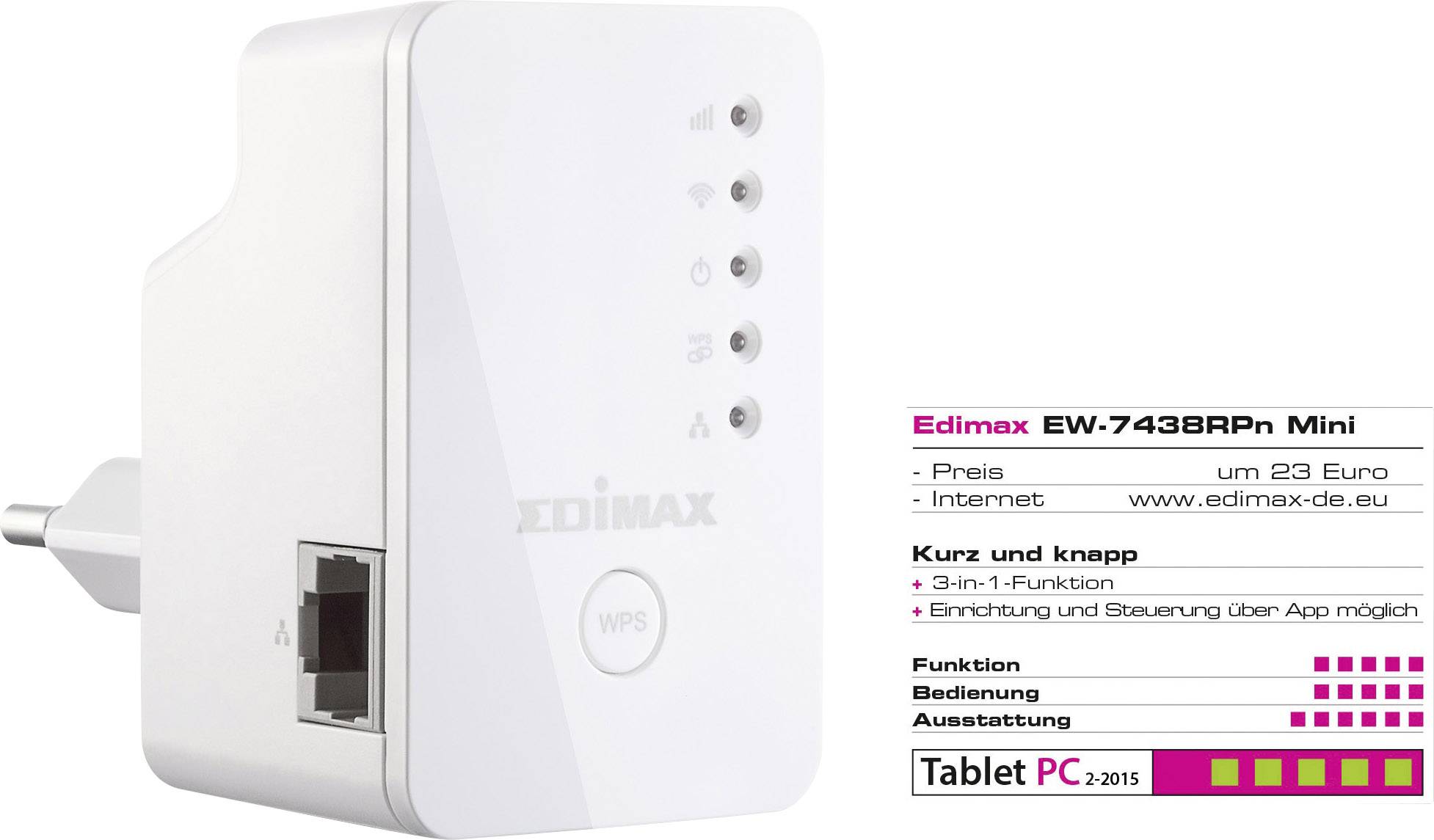 Répéteur Wi-Fi Edimax blanc. Des voyants LED sont présents sur les côtés. Prix d'environ 23 euros. Lien vers le site web edimax-de.eu.