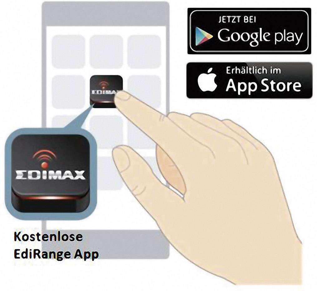 Une main appuie sur le symbole de l'application 'EdiRange' sur un smartphone. En haut, des liens vers Google Play et l'App Store sont affichés pour l'installation de l'application.