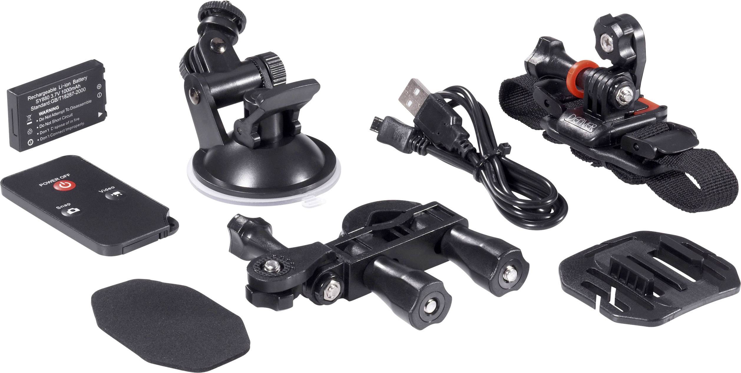 Différents supports de caméra et accessoires, y compris un support à ventouse, une télécommande, un câble USB et des plaques d'adaptation, sur un fond blanc.