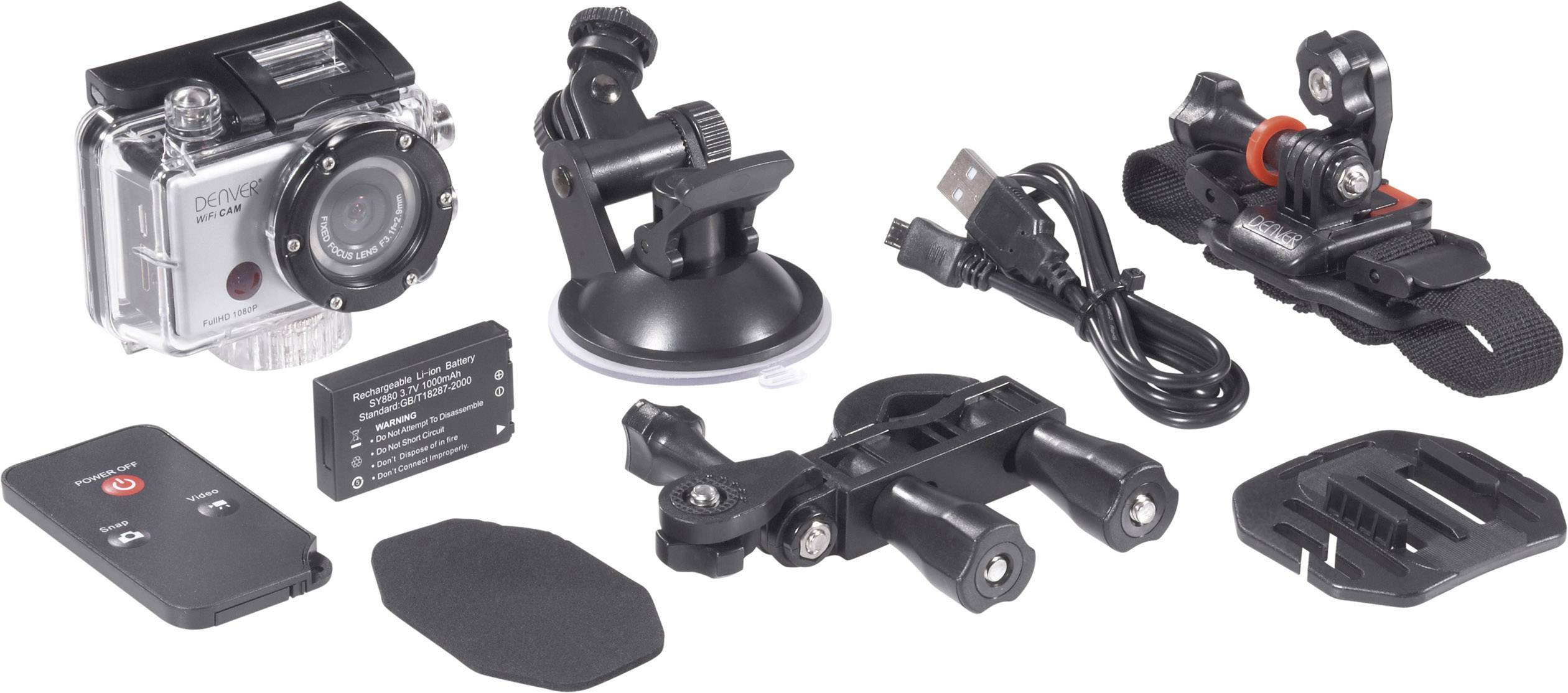 Différents accessoires de montage pour caméra, dont une caméra dans un boîtier étanche, un support à ventouse, un câble USB et une télécommande.