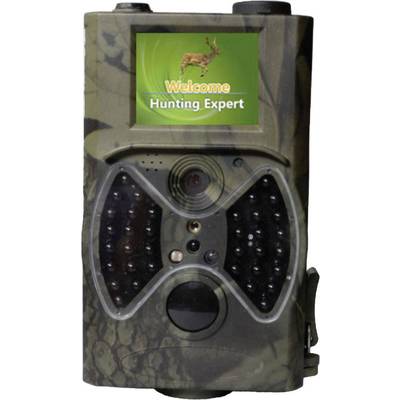 Caméra de chasse camouflée avec écran affichant 'Welcome Hunting Expert', équipée de LED infrarouges pour des prises de vue nocturnes.