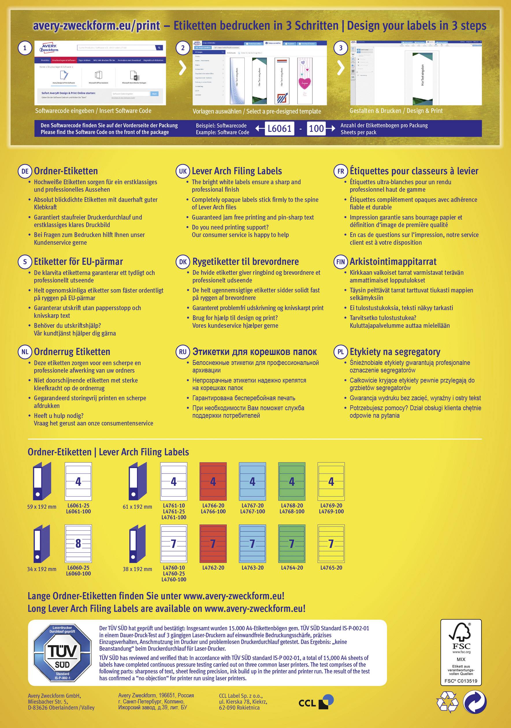 Publicité pour les étiquettes Avery Zweckform avec mode d'emploi en trois étapes. Comprend des images de produits et des options de format.