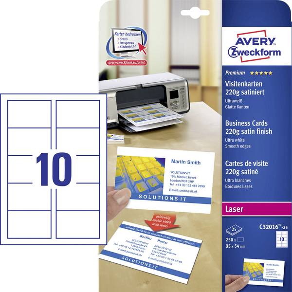 Avery-Zweckform C32016-25 Cartes de visite imprimables, bords lisses 85 x 54 mm blanc 250 pc(s) Format du papier: DIN A4
