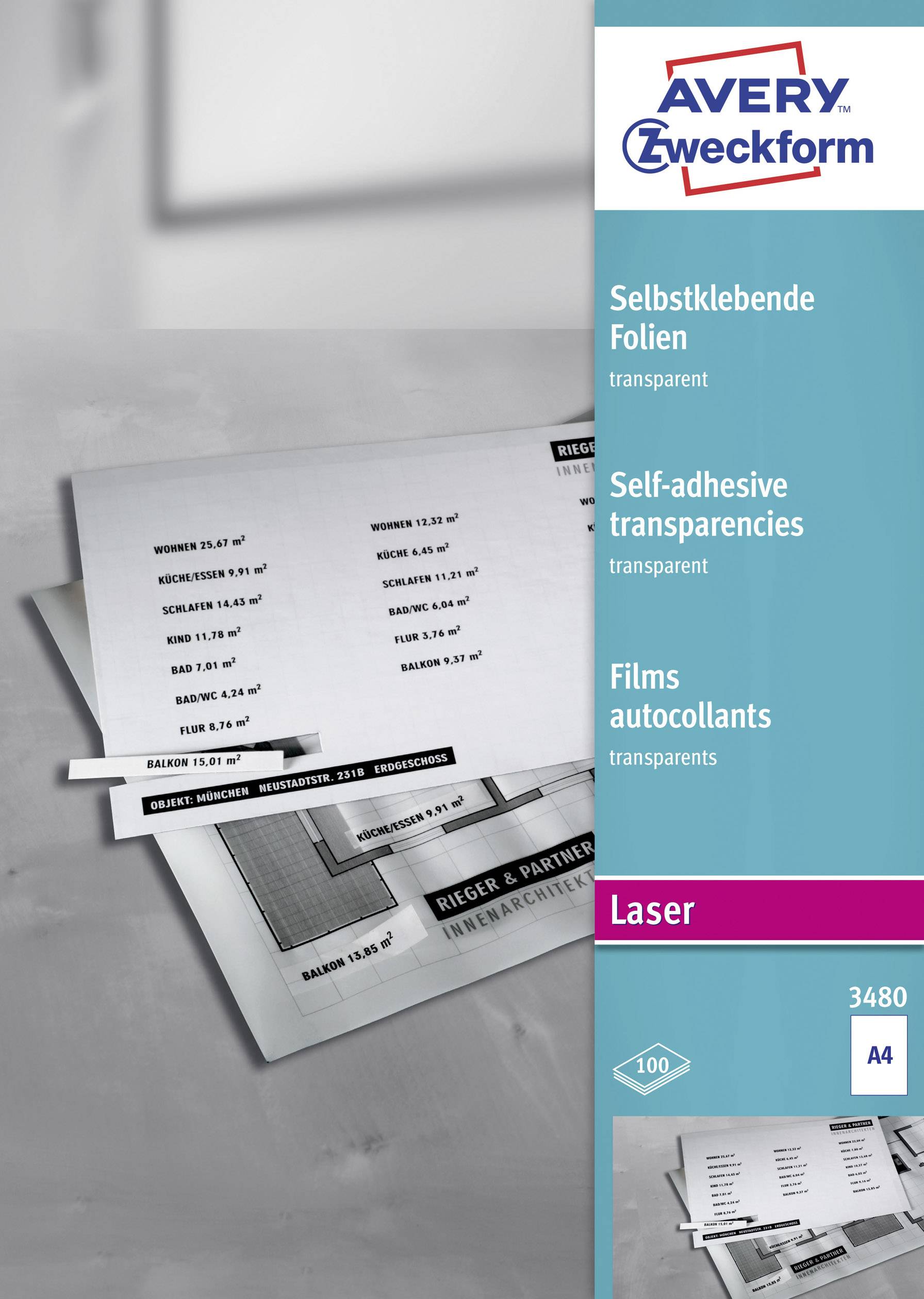 Emballage de fournitures de bureau pour films transparents autocollants. Contient des détails sur le numéro de produit, la taille et le type. Marque Avery Zweckform.