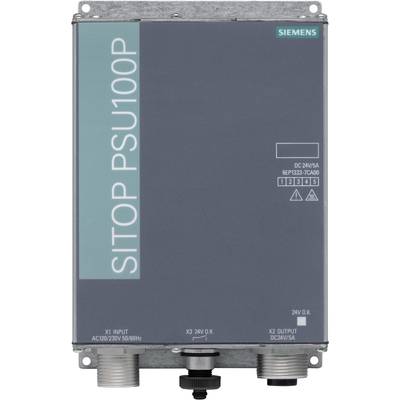 Unité d'alimentation Siemens SITOP PSU100P avec entrées X1 et X2, sortie DC 24V/5A. Design clair et fonctionnel.