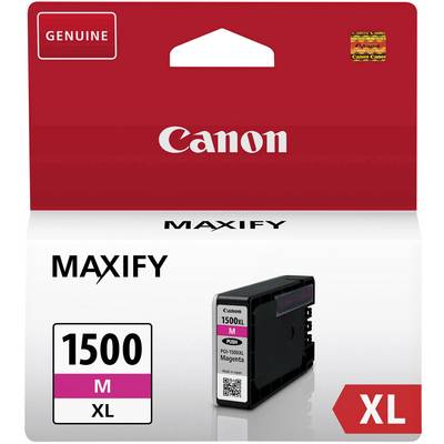 Cartouche d'encre Canon Magenta XL pour imprimante, modèle MAXIFY, avec une capacité d'impression de 1500 pages. L'emballage présente la cartouche d'encre.