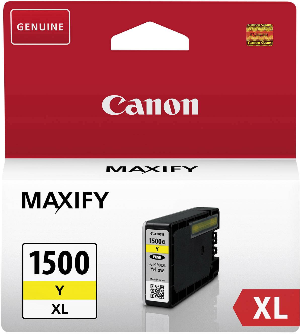 Cartouche d'encre jaune Canon Modèle PGI-1500XL pour MAXIFY, originale et compatible avec les imprimantes XL. L'emballage affiche le logo Canon.