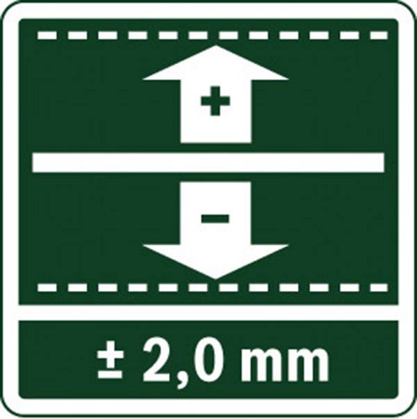 Symbole pour la tolérance de planéité ; montre deux flèches avec '+' et '-' sur un fond vert. La tolérance est de ± 2,0 mm.