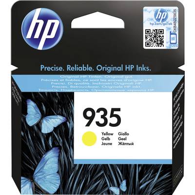 Cartouche d'encre HP 935 en jaune. L'emballage présente des papillons bleus. Logo HP en haut à gauche, code QR en haut à droite.