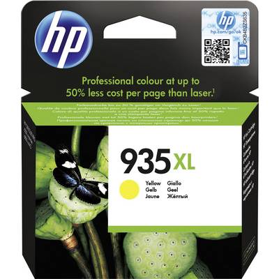 Cartouche d'encre HP 935XL, Jaune, couleur professionnelle jusqu'à 50 % moins chère par page que le laser, avec image de papillon sur des feuilles.