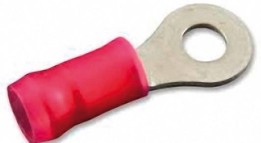 Cosse de câble rouge avec borne à œillet, utilisée pour établir une connexion électrique sûre.