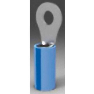Une extrémité de câble électrique bleu avec un cosse à anneau argentée, comportant un œillet pour la fixation à une connexion.