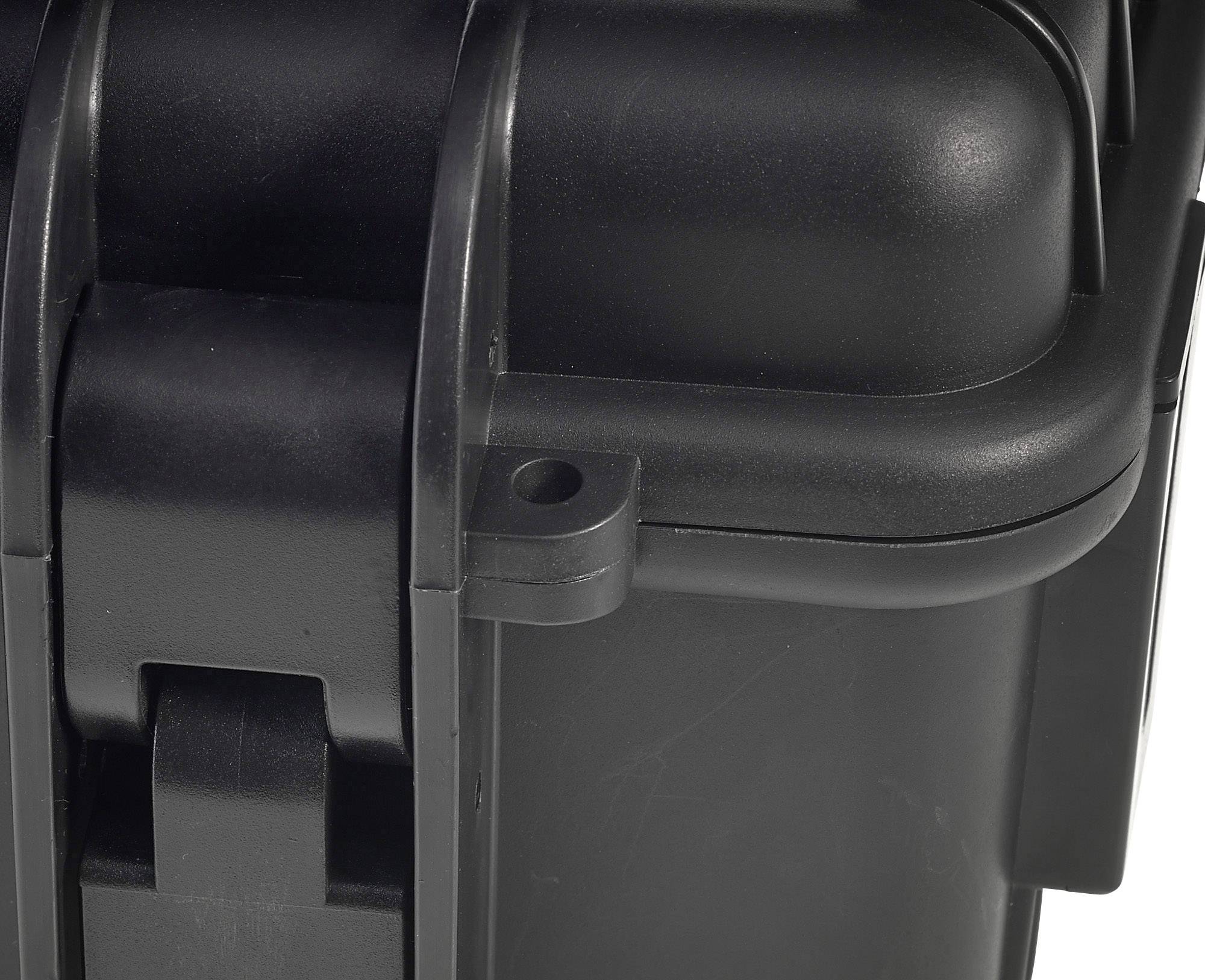 Mallette de protection noire en plastique avec fermeture robuste, utilisée pour le transport sécurisé d'objets fragiles.