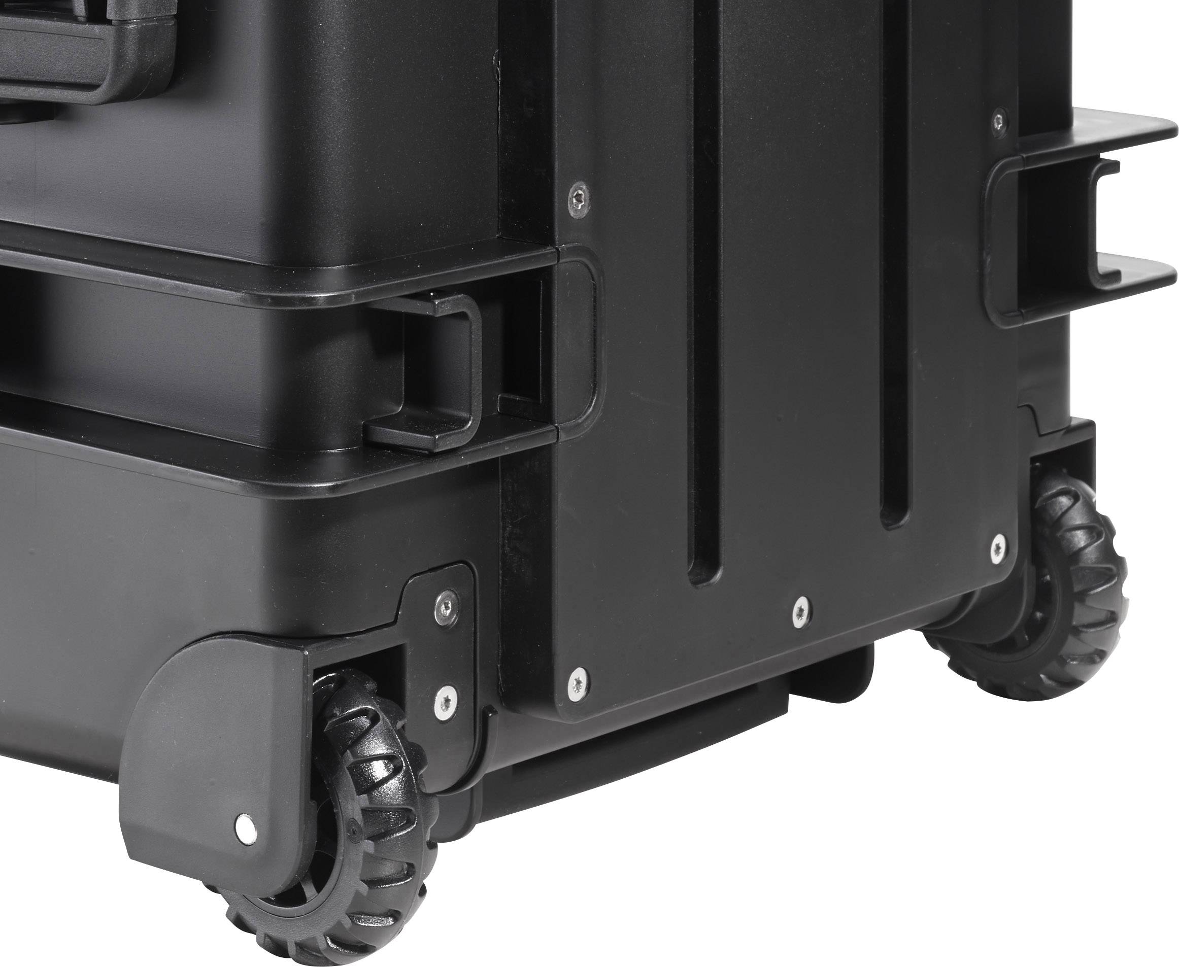 Une valise noire robuste avec des roulettes.