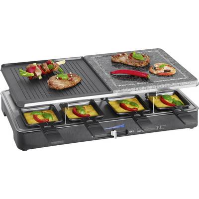 Appareil à raclette avec de la viande, des légumes et des crevettes sur la plaque de grill. En dessous, du fromage fondu dans de petits ramequins.