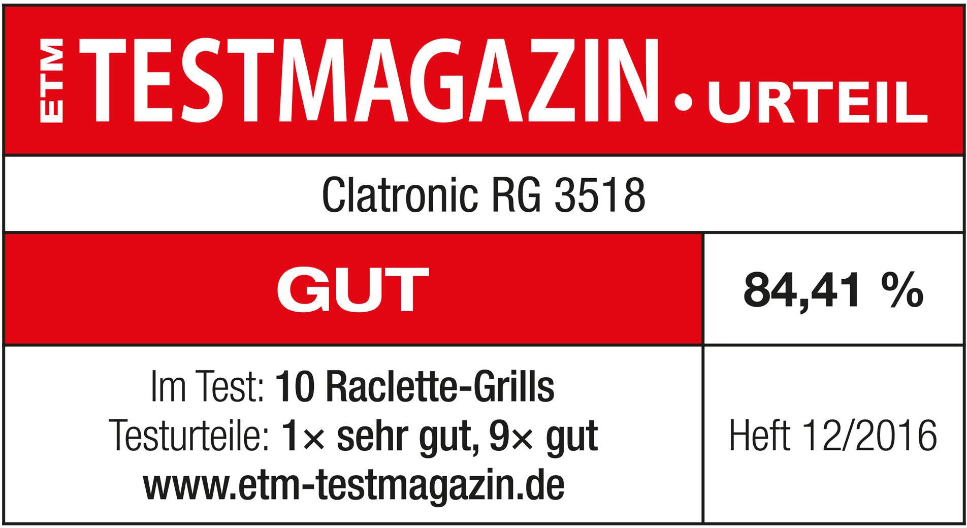 Évaluation du 'ETM Testmagazin' : Clatronic RG 3518. Verdict : Bon, 84,41 %. Testé : 10 raclettes, 1× très bon, 9× bon. Numéro 12/2016.