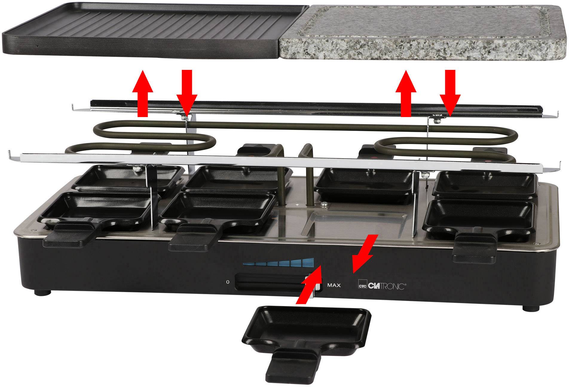 Set à raclette avec spirale chauffante, plaque de pierre et petites poêles. Des flèches rouges indiquent les parties assemblables. Idéal pour cuisiner ensemble.