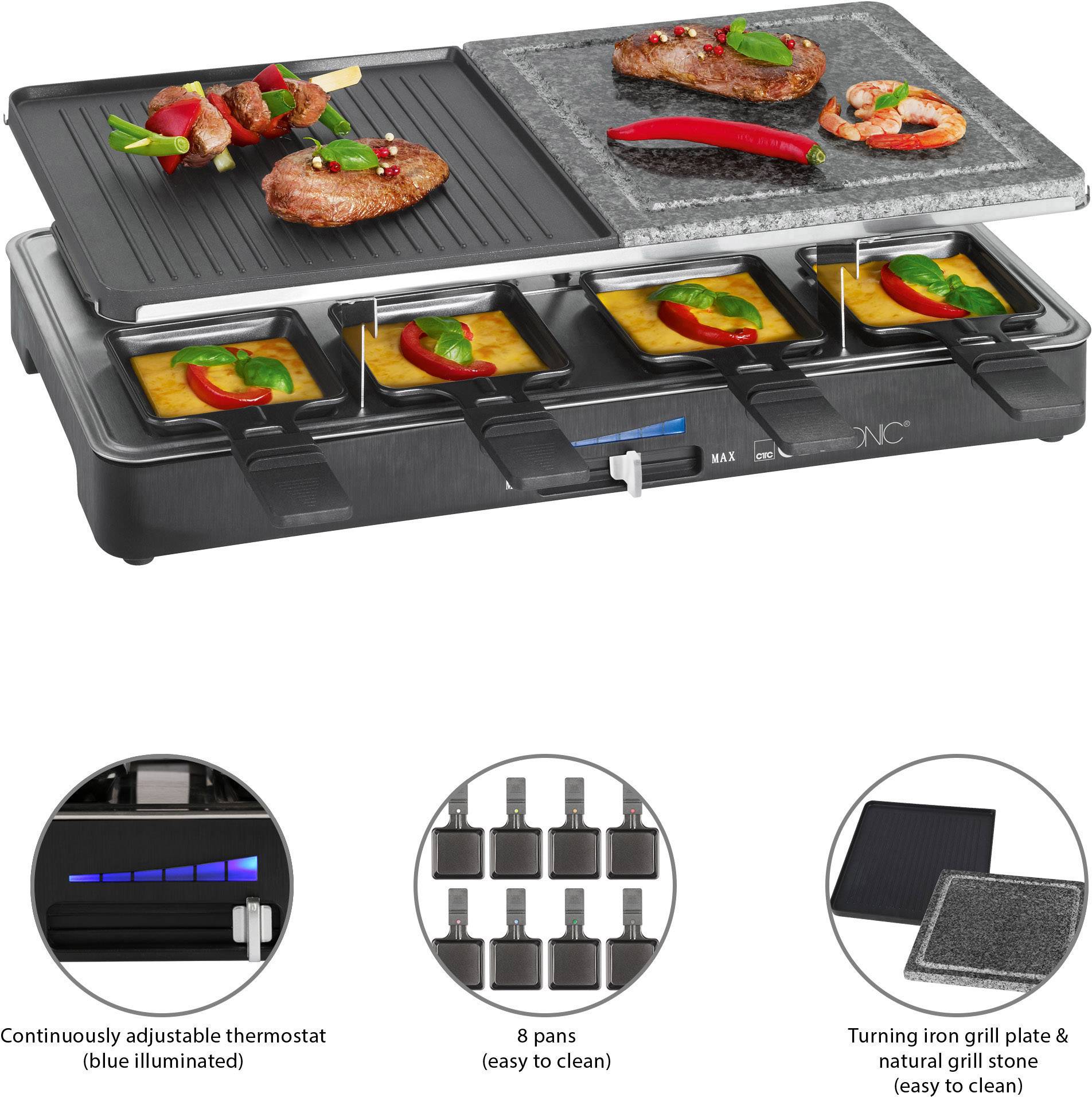 Appareil à raclette avec deux surfaces de grill : plaque en fonte avec steak, plaque de granit avec légumes. Dessous, huit petites poêlons de fromage.
