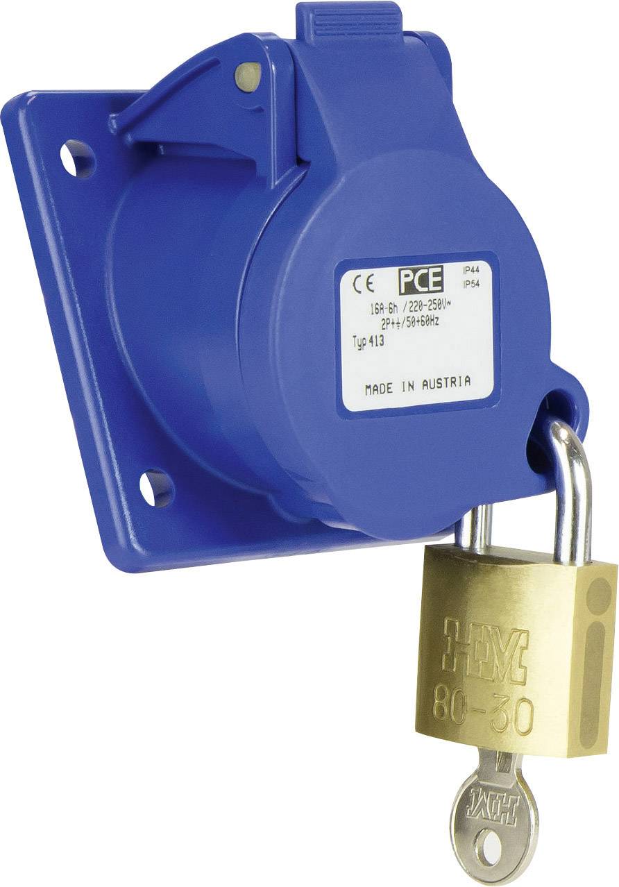 Prise murale bleue sécurisée par un cadenas, montrant un dispositif de connexion électrique verrouillé lorsqu'il n'est pas utilisé.