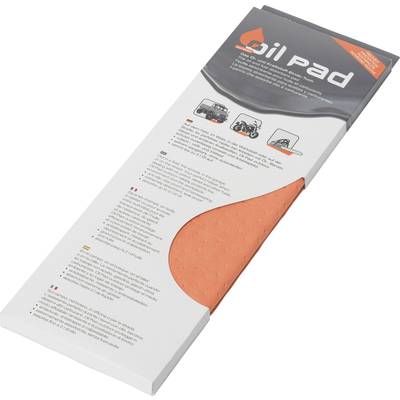 Un carton blanc, portant du texte et des illustrations. En haut est écrit 'Oil Pad', en dessous une image d'un chiffon absorbant orange.