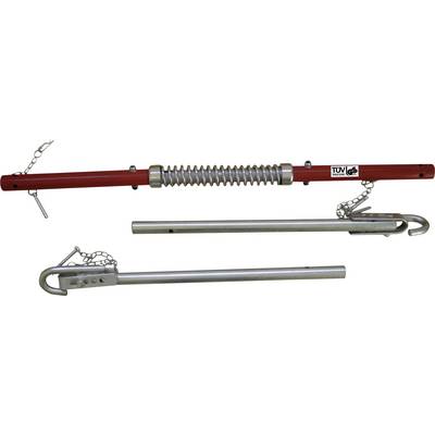 Barre de remorquage en métal avec ressort et chaînes de sécurité, adaptée aux opérations de remorquage de véhicules.