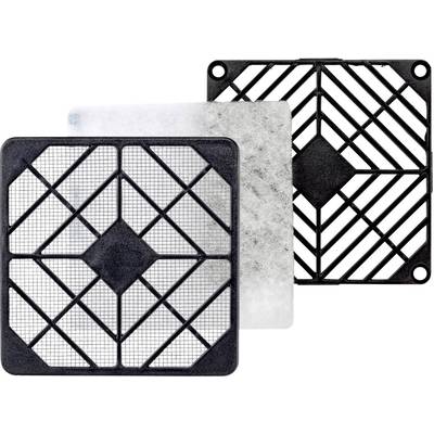 'Trois filtres de ventilateur de taille 120 x 120 mm : face avant, face arrière et matériau filtrant.'