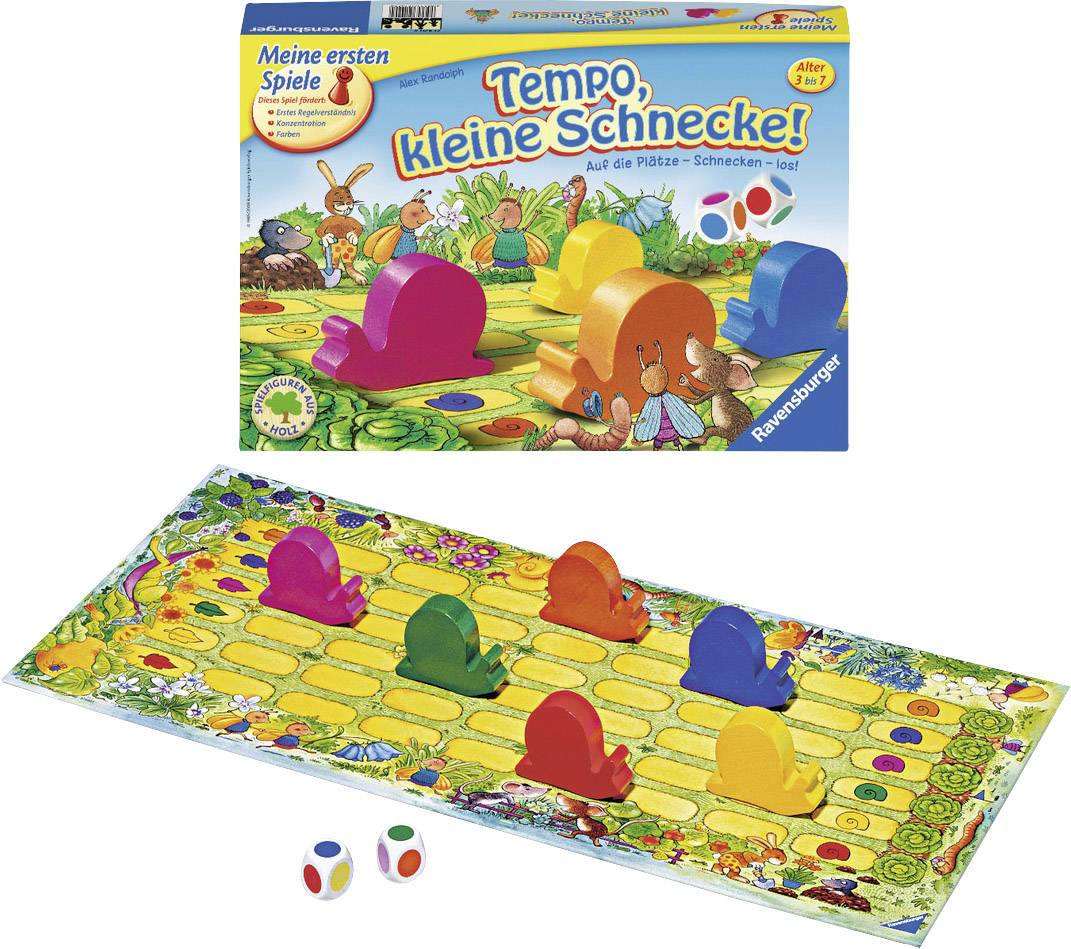 Un jeu de société pour enfants intitulé 'Tempo, petite escargote !', dans lequel de colorés escargots se déplacent sur un plateau de jeu. Comprend deux dés.