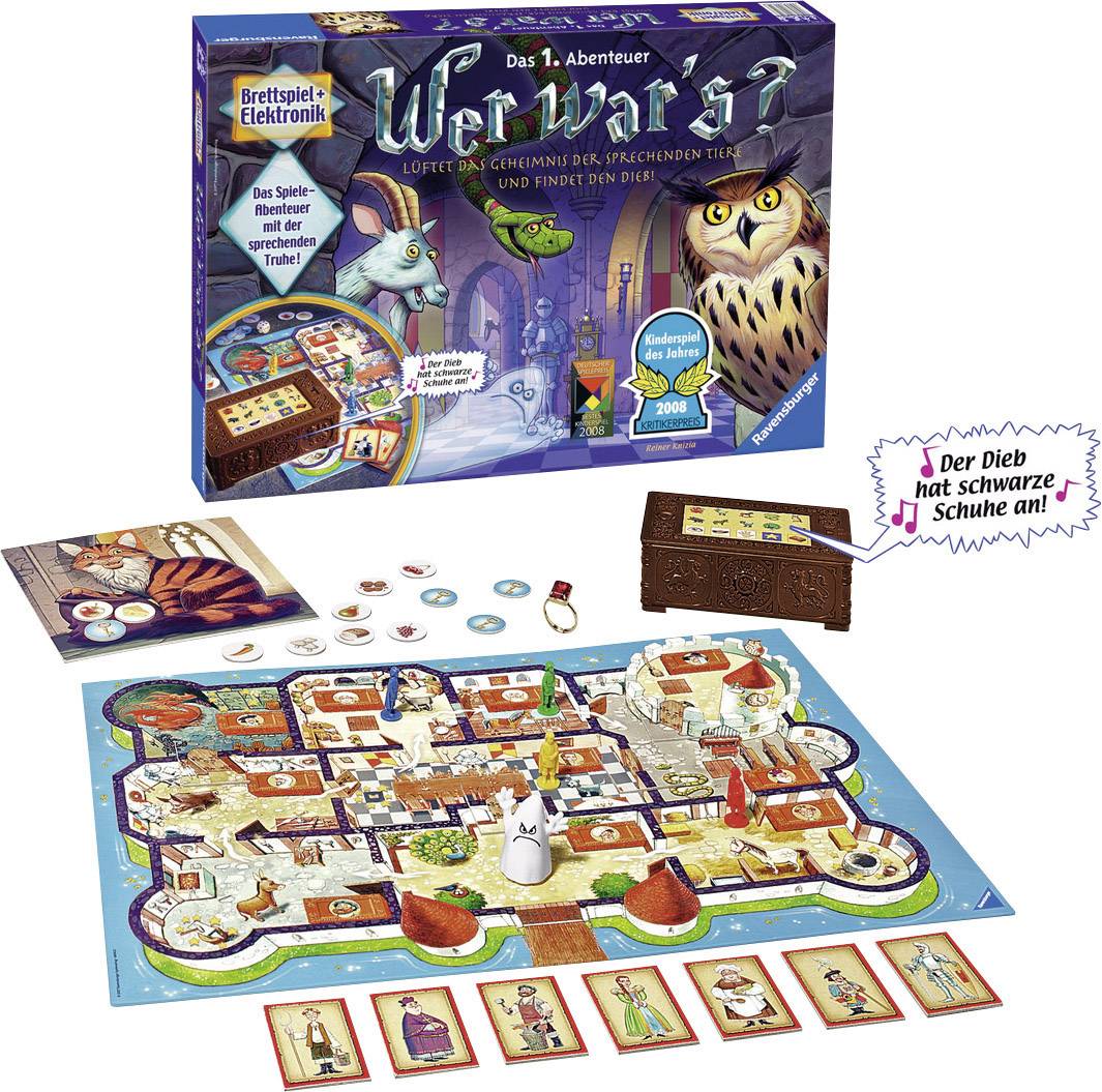 L'image montre le jeu de société 'Qui était-ce ?'. Le plateau de jeu est coloré avec des pions et des cartes. La boîte représente des animaux dans un château.