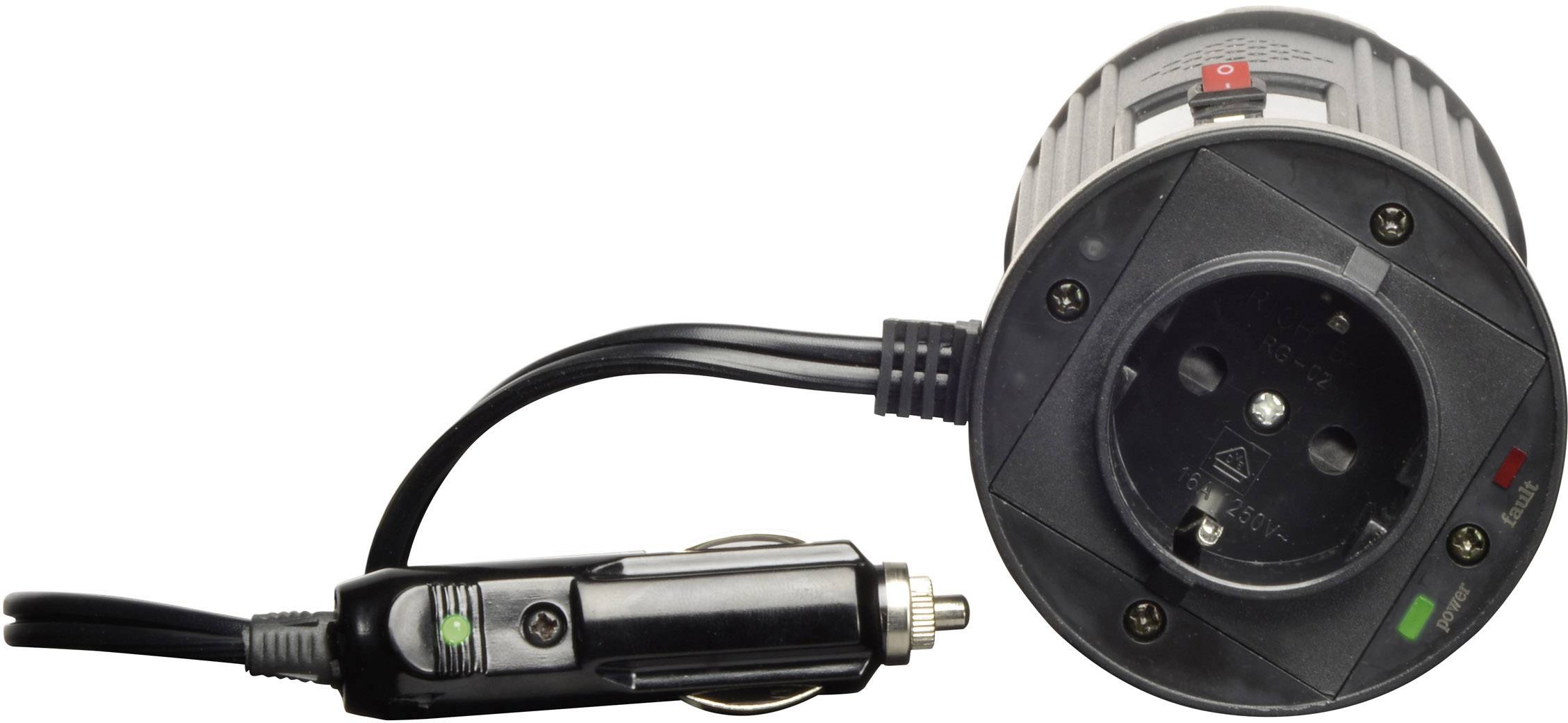 Un adaptateur noir avec une fiche d'allume-cigare et une prise de courant, adapté à l'alimentation électrique dans une voiture.