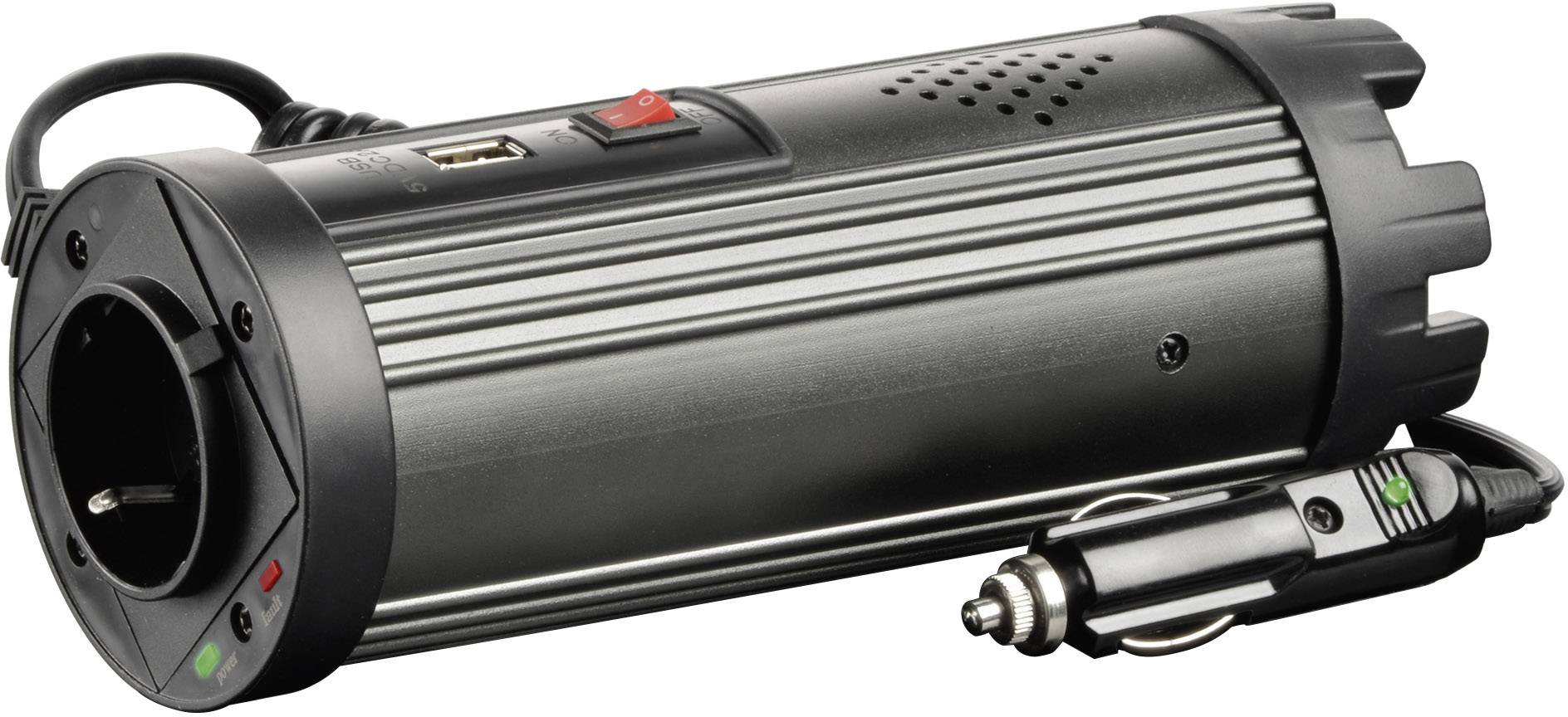 Un convertisseur de tension cylindrique avec prise de courant et port USB, adapté pour une utilisation dans la voiture, avec adaptateur pour allume-cigare.