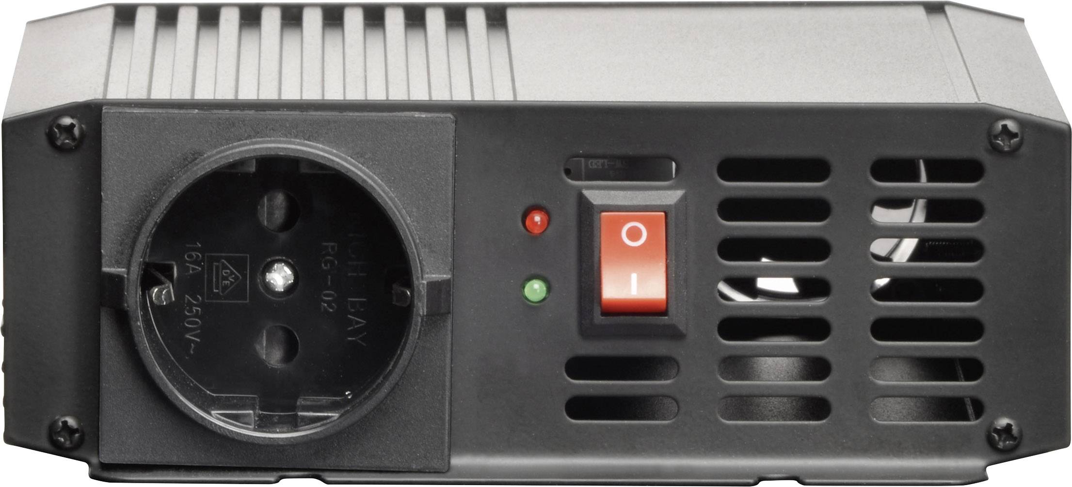 Adaptateur de courant noir avec prise électrique, interrupteur à bascule rouge et voyant LED vert.