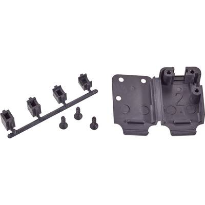 Pièce en plastique d'un ensemble de connecteurs de meuble avec supports et vis, utilisée pour le montage et la fixation des composants d'armoire.