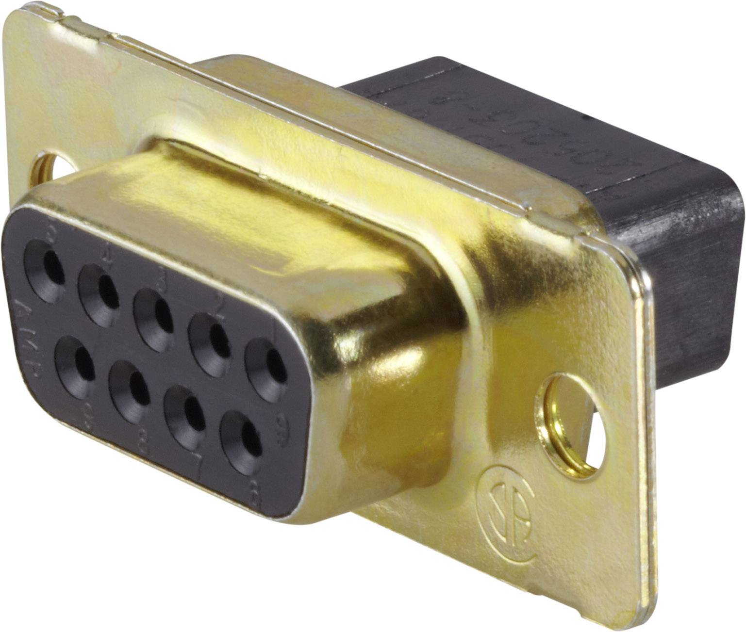 Connecteur à 9 broches dans un support métallique rectangulaire, utilisé pour les connexions électriques dans les appareils électroniques.
