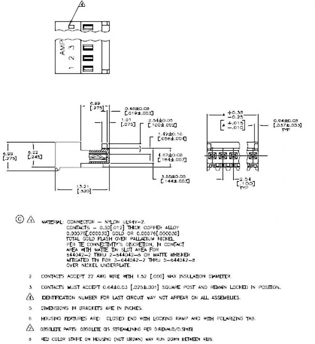 Dessin technique d'un connecteur électrique avec dimensions et spécifications de matériaux. Comprend des instructions d'installation et de sécurité.